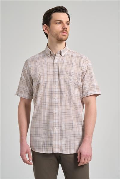 Kısa Kol Ekose Desen Bez Ayağı Düğmeli Yaka cepli Pamuklu Classic Comfort Fit Gömlek 1004250162