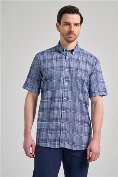 Kısa Kol Ekose Desen Bez Ayağı Düğmeli Yaka cepli Pamuklu Classic Comfort Fit Gömlek 1004250162