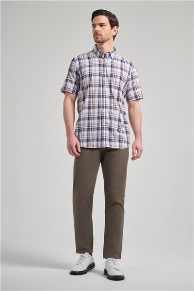 Kısa Kol Ekose Desen Bez Ayağı Düğmeli Yaka cepli %100 Pamuk Classic Comfort Fit Gömlek 1004250164