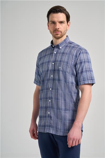 Kısa Kol Ekose Desen Bez Ayağı Düğmeli Yaka cepli Pamuklu Classic Comfort Fit Gömlek 1004250162
