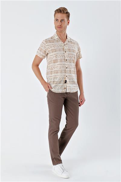 Bej Kısa Kollu Baskılı Apaş Yaka Cepsiz %100 Pamuk Casual Comfort Fit Gömlek 1004230160