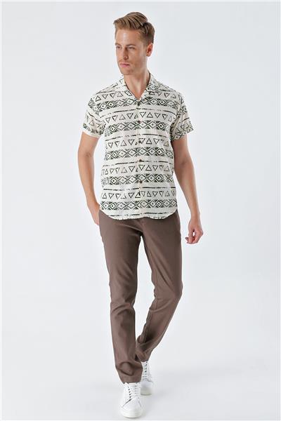 Koyu Haki Kısa Kollu Baskılı Apaş Yaka Cepsiz %100 Pamuk Casual Comfort Fit Gömlek 1004230160
