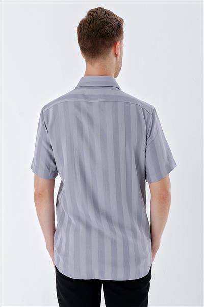 Gri Kısa Kollu Desenli Armürlü Sert Yaka Cepsiz Klasik Comfort Fit Gömlek 1004230204