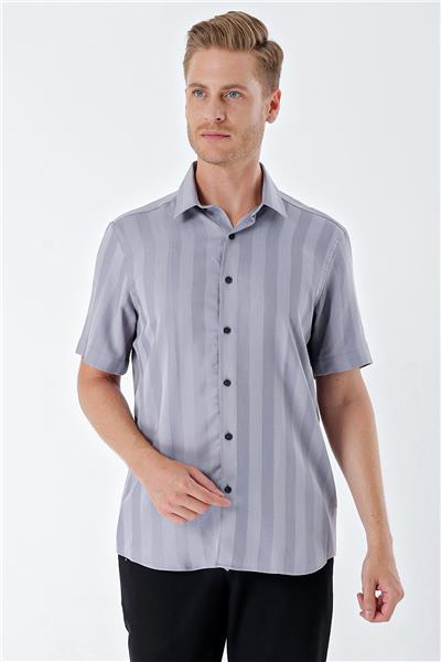 Gri Kısa Kollu Desenli Armürlü Sert Yaka Cepsiz Klasik Comfort Fit Gömlek 1004230204