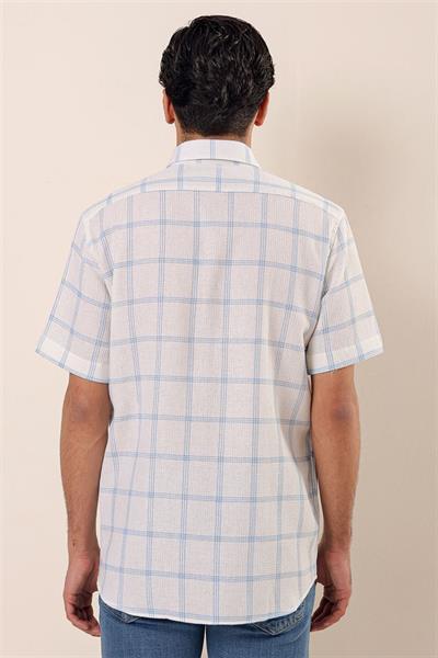 Koyu Mavi Kısa Kollu EkoseliCepli %100 Pamuk Klasik Comfort Fit Rahat Kesim Gömlek 1004230173