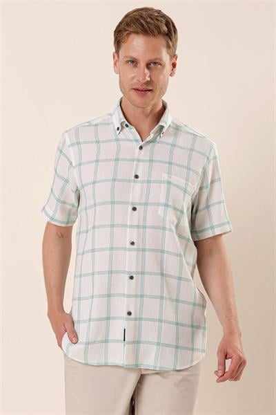 Yeşil Kısa Kollu EkoseliCepli %100 Pamuk Klasik Comfort Fit Rahat Kesim Gömlek 1004230173