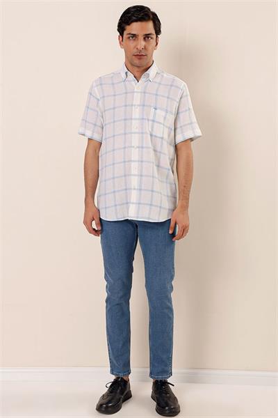 Koyu Mavi Kısa Kollu EkoseliCepli %100 Pamuk Klasik Comfort Fit Rahat Kesim Gömlek 1004230173