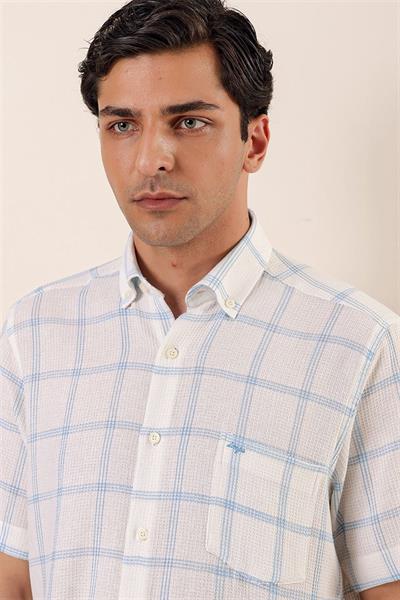 Koyu Mavi Kısa Kollu EkoseliCepli %100 Pamuk Klasik Comfort Fit Rahat Kesim Gömlek 1004230173