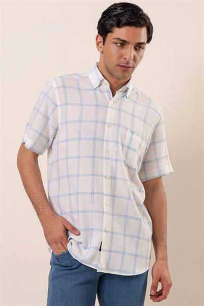 Koyu Mavi Kısa Kollu EkoseliCepli %100 Pamuk Klasik Comfort Fit Rahat Kesim Gömlek 1004230173