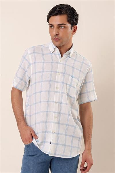 Koyu Mavi Kısa Kollu EkoseliCepli %100 Pamuk Klasik Comfort Fit Rahat Kesim Gömlek 1004230173