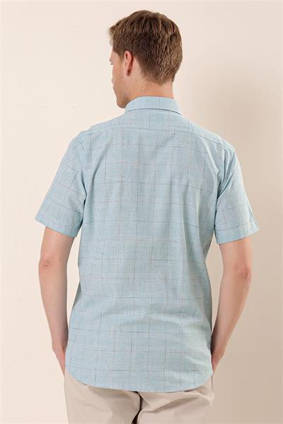 Açık Turkuaz Kısa Kollu EkoseliCepli %100 Pamuk Klasik Comfort Fit Rahat Kesim Gömlek 1004230172