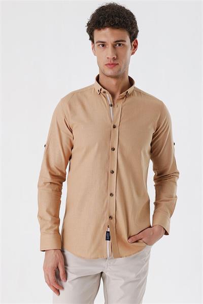 Camel Kısalabilir Kollu Cepsiz Biyeli %100 Pamuk Casual Slim Fit Dar Kesim Gömlek 1004230179