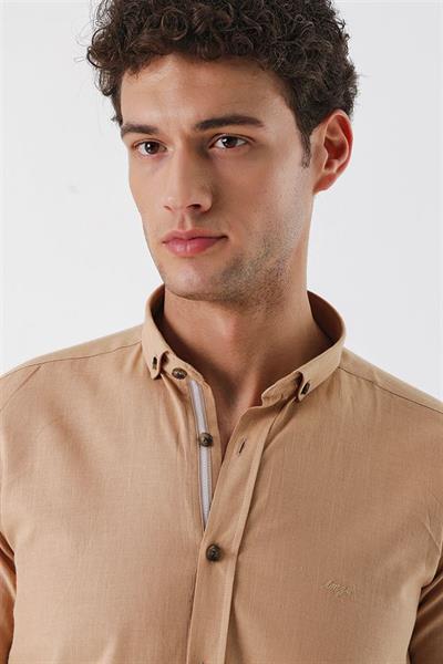 Camel Kısalabilir Kollu Cepsiz Biyeli %100 Pamuk Casual Slim Fit Dar Kesim Gömlek 1004230179