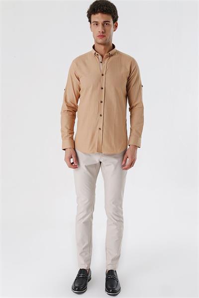 Camel Kısalabilir Kollu Cepsiz Biyeli %100 Pamuk Casual Slim Fit Dar Kesim Gömlek 1004230179