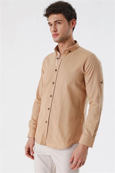 Camel Kısalabilir Kollu Cepsiz Biyeli %100 Pamuk Casual Slim Fit Dar Kesim Gömlek 1004230179