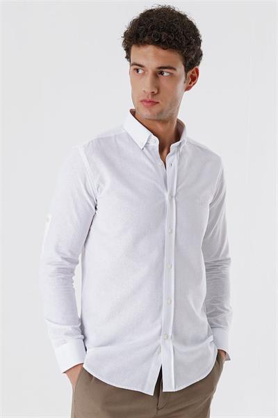Beyaz Kısalabilir Kollu Desenli JakarlıCepsiz %100 Pamuk Casual Slim Fit Gömlek 1004230182