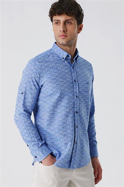 Mavi Kısalabilir Kollu Desenli JakarlıCepsiz %100 Pamuk Casual Slim Fit Gömlek 1004230181