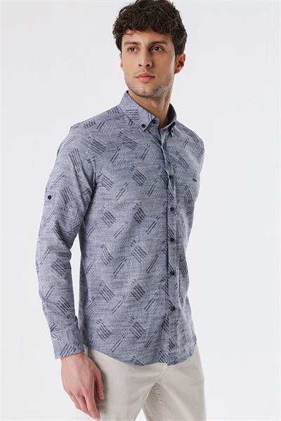Koyu Lacivert Kısalabilir Kollu Desenli JakarlıCepsiz %100 Pamuk Casual Slim Fit Gömlek 1004230182