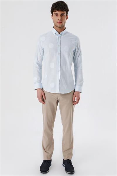 Koyu Mavi Kısalabilir Kollu Desenli JakarlıCepsiz %100 Pamuk Casual Slim Fit Gömlek 1004230183