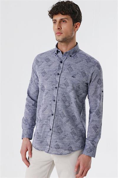 Koyu Lacivert Kısalabilir Kollu Desenli JakarlıCepsiz %100 Pamuk Casual Slim Fit Gömlek 1004230182