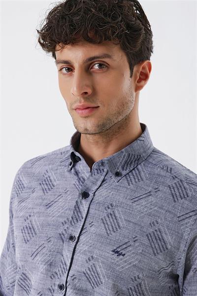 Koyu Lacivert Kısalabilir Kollu Desenli JakarlıCepsiz %100 Pamuk Casual Slim Fit Gömlek 1004230182