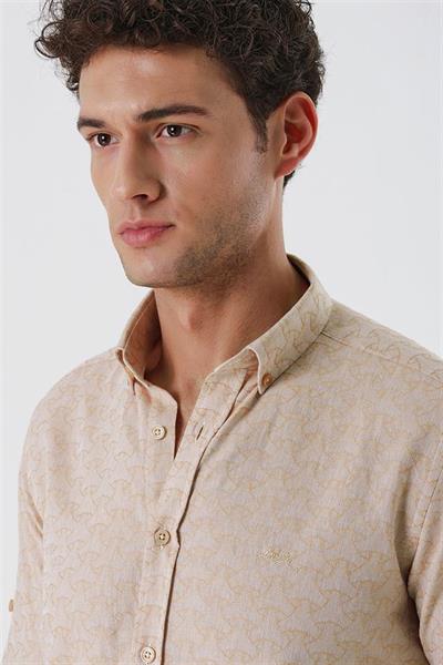 Bej Kısalabilir Kollu Desenli JakarlıCepsiz %100 Pamuk Casual Slim Fit Gömlek 1004230181