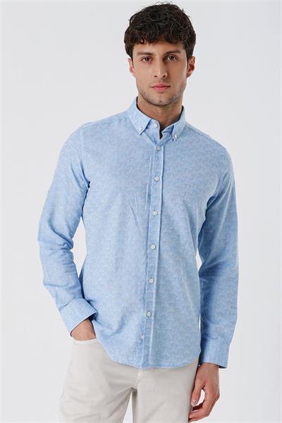 Koyu Mavi Kısalabilir Kollu Desenli JakarlıCepsiz %100 Pamuk Casual Slim Fit Gömlek 1004230181
