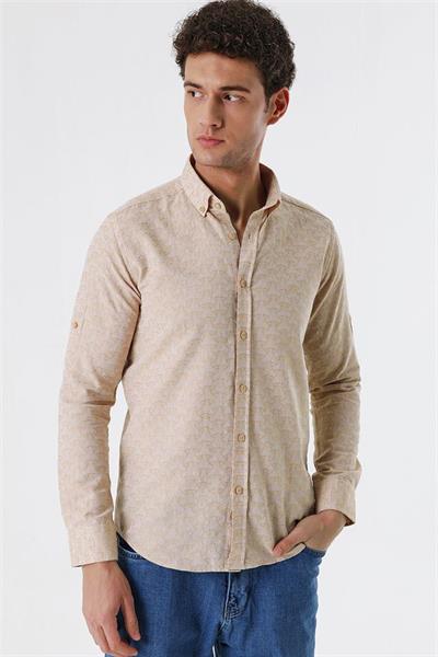 Bej Kısalabilir Kollu Desenli JakarlıCepsiz %100 Pamuk Casual Slim Fit Gömlek 1004230181