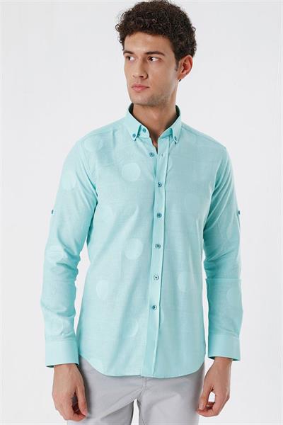 Açık Yeşil Kısalabilir Kollu Desenli JakarlıCepsiz %100 Pamuk Casual Slim Fit Gömlek 1004230183