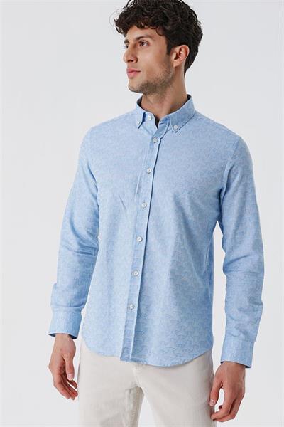 Koyu Mavi Kısalabilir Kollu Desenli JakarlıCepsiz %100 Pamuk Casual Slim Fit Gömlek 1004230181