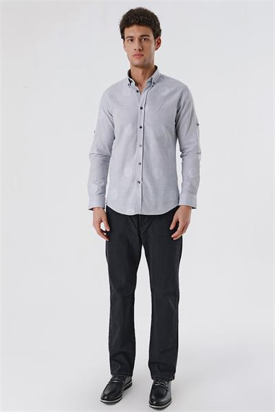 Açık Gri Kısalabilir Kollu Desenli JakarlıCepsiz %100 Pamuk Casual Slim Fit Gömlek 1004230183