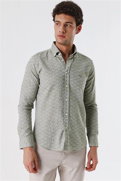 Koyu Haki Kısalabilir Kollu Desenli JakarlıCepsiz %100 Pamuk Casual Slim Fit Gömlek 1004230181