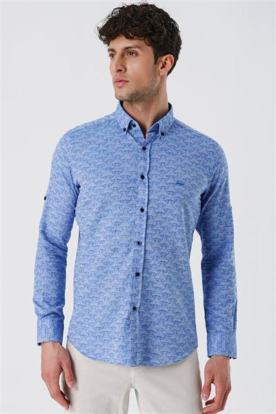 Mavi Kısalabilir Kollu Desenli JakarlıCepsiz %100 Pamuk Casual Slim Fit Gömlek 1004230181