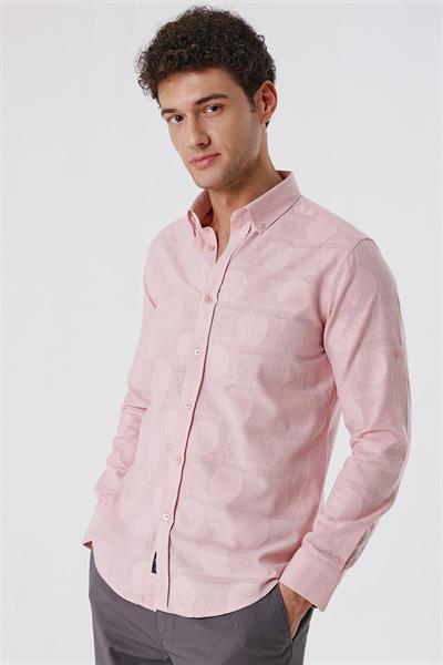 Pudra Kısalabilir Kollu Desenli JakarlıCepsiz %100 Pamuk Casual Slim Fit Gömlek 1004230183