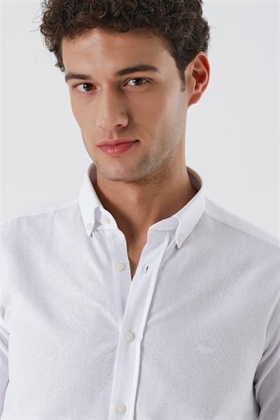 Beyaz Kısalabilir Kollu Desenli JakarlıCepsiz %100 Pamuk Casual Slim Fit Gömlek 1004230182