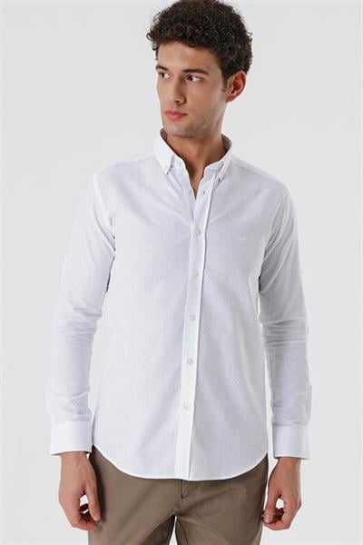 Beyaz Kısalabilir Kollu Desenli JakarlıCepsiz %100 Pamuk Casual Slim Fit Gömlek 1004230182