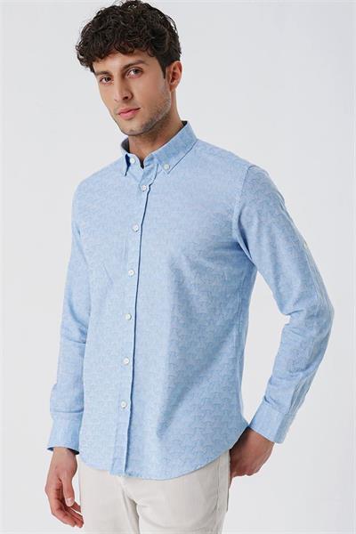 Koyu Mavi Kısalabilir Kollu Desenli JakarlıCepsiz %100 Pamuk Casual Slim Fit Gömlek 1004230181