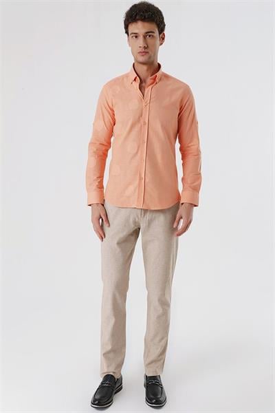 Somon Kısalabilir Kollu Desenli JakarlıCepsiz %100 Pamuk Casual Slim Fit Gömlek 1004230183