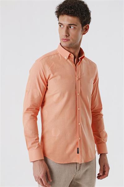 Somon Kısalabilir Kollu Desenli JakarlıCepsiz %100 Pamuk Casual Slim Fit Gömlek 1004230183