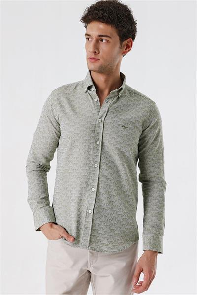 Koyu Haki Kısalabilir Kollu Desenli JakarlıCepsiz %100 Pamuk Casual Slim Fit Gömlek 1004230181