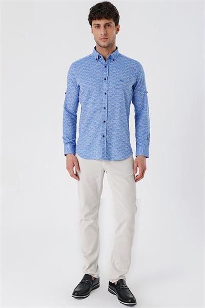Mavi Kısalabilir Kollu Desenli JakarlıCepsiz %100 Pamuk Casual Slim Fit Gömlek 1004230181
