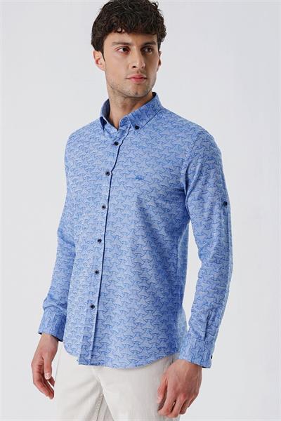 Mavi Kısalabilir Kollu Desenli JakarlıCepsiz %100 Pamuk Casual Slim Fit Gömlek 1004230181