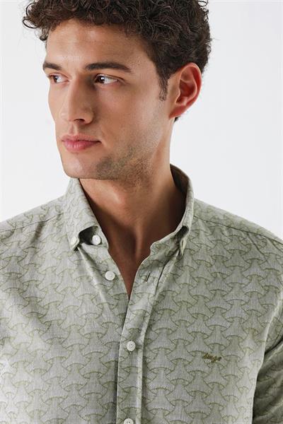 Koyu Haki Kısalabilir Kollu Desenli JakarlıCepsiz %100 Pamuk Casual Slim Fit Gömlek 1004230181