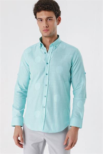 Açık Yeşil Kısalabilir Kollu Desenli JakarlıCepsiz %100 Pamuk Casual Slim Fit Gömlek 1004230183