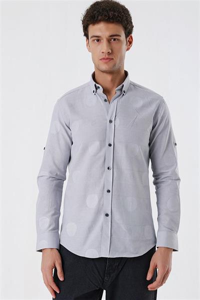 Açık Gri Kısalabilir Kollu Desenli JakarlıCepsiz %100 Pamuk Casual Slim Fit Gömlek 1004230183