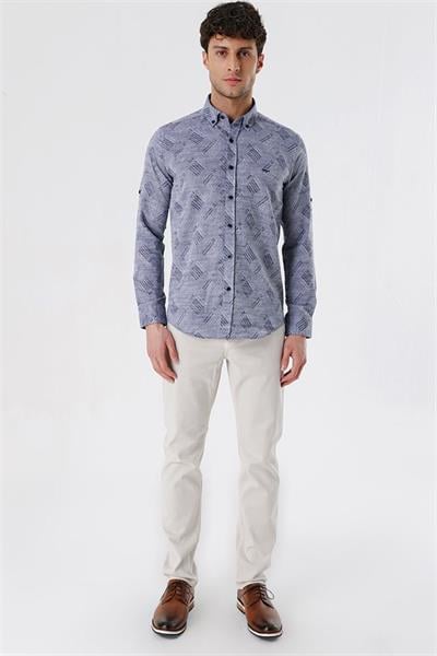 Koyu Lacivert Kısalabilir Kollu Desenli JakarlıCepsiz %100 Pamuk Casual Slim Fit Gömlek 1004230182