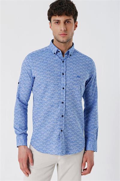 Mavi Kısalabilir Kollu Desenli JakarlıCepsiz %100 Pamuk Casual Slim Fit Gömlek 1004230181