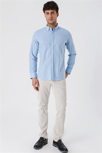Koyu Mavi Kısalabilir Kollu Desenli JakarlıCepsiz %100 Pamuk Casual Slim Fit Gömlek 1004230181