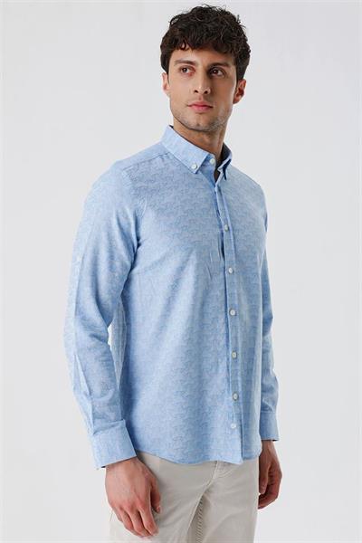 Koyu Mavi Kısalabilir Kollu Desenli JakarlıCepsiz %100 Pamuk Casual Slim Fit Gömlek 1004230181