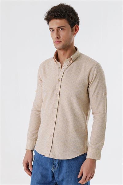 Bej Kısalabilir Kollu Desenli JakarlıCepsiz %100 Pamuk Casual Slim Fit Gömlek 1004230181
